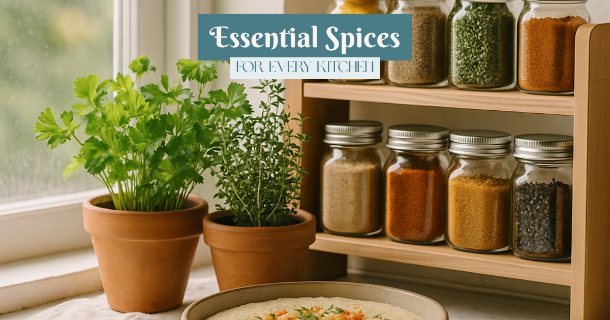 essential-spices-for-every-kitchen-fb A realistic photo of a cozy kitchen windowsill with potted herbs and a spice rack filled with colorful jars of spices. Sunlight streams through the window, creating a warm, inviting atmosphere.