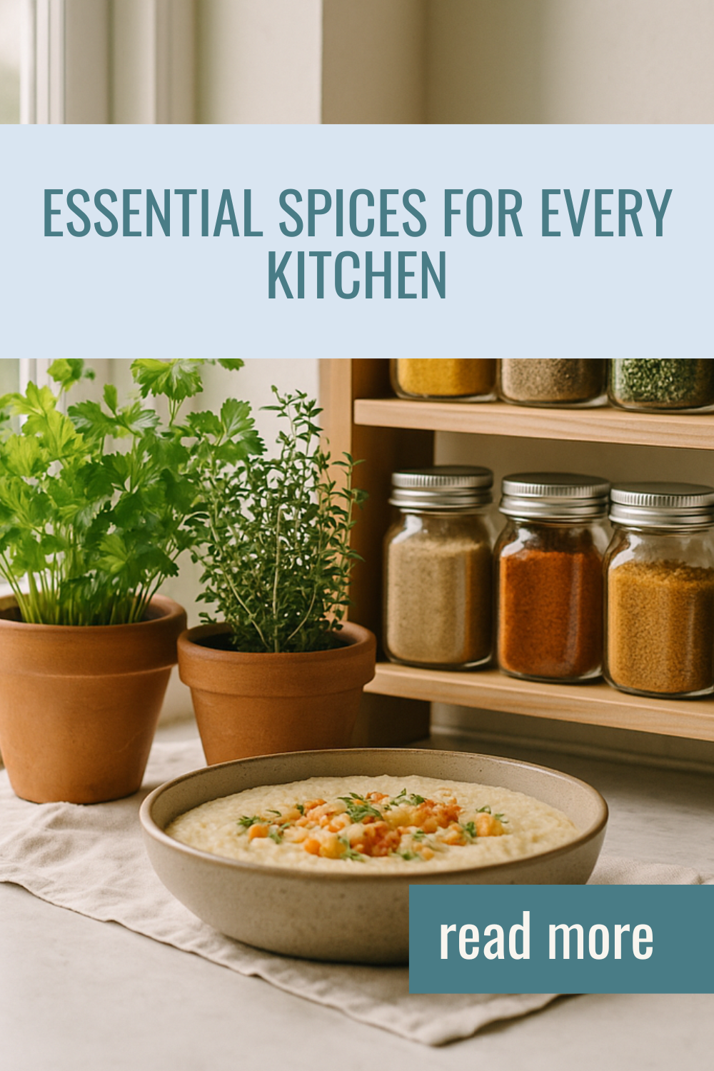 A realistic photo of a cozy kitchen windowsill with potted herbs and a spice rack filled with colorful jars of spices. Sunlight streams through the window, creating a warm, inviting atmosphere.