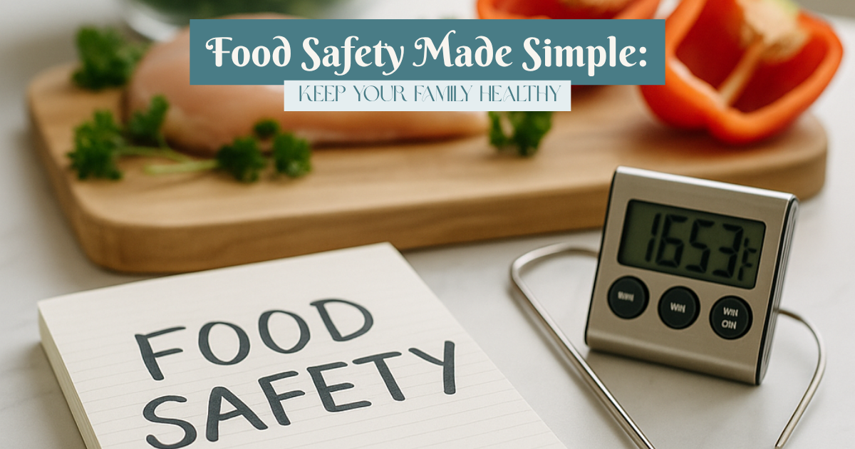 food-safety-made-simple-keep-your-family-healthy-fb A realistic kitchen photo showing a food thermometer reading 165°F beside a cutting board with raw chicken, bell peppers, parsley, and a bowl of greens, emphasizing safe food preparation.