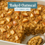 A warm dish of baked oatmeal filled with tender apples and cinnamon, freshly baked and golden brown on a rustic kitchen table.