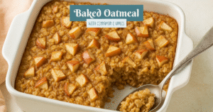 A warm dish of baked oatmeal filled with tender apples and cinnamon, freshly baked and golden brown on a rustic kitchen table.