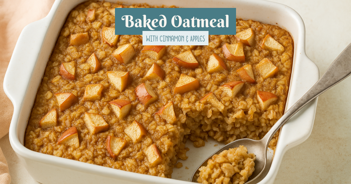A warm dish of baked oatmeal filled with tender apples and cinnamon, freshly baked and golden brown on a rustic kitchen table.