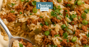 A skillet of chorizo dirty rice with colorful peppers and seasonings, steaming gently in soft kitchen light.