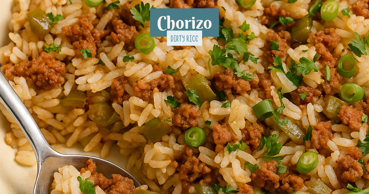 A skillet of chorizo dirty rice with colorful peppers and seasonings, steaming gently in soft kitchen light.