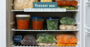 A realistic photo looking into an open home freezer, neatly organized with labeled containers, zip-top freezer bags, and frozen vegetables. Frost lines the shelves, and soft natural light gives a clean, homey feel.