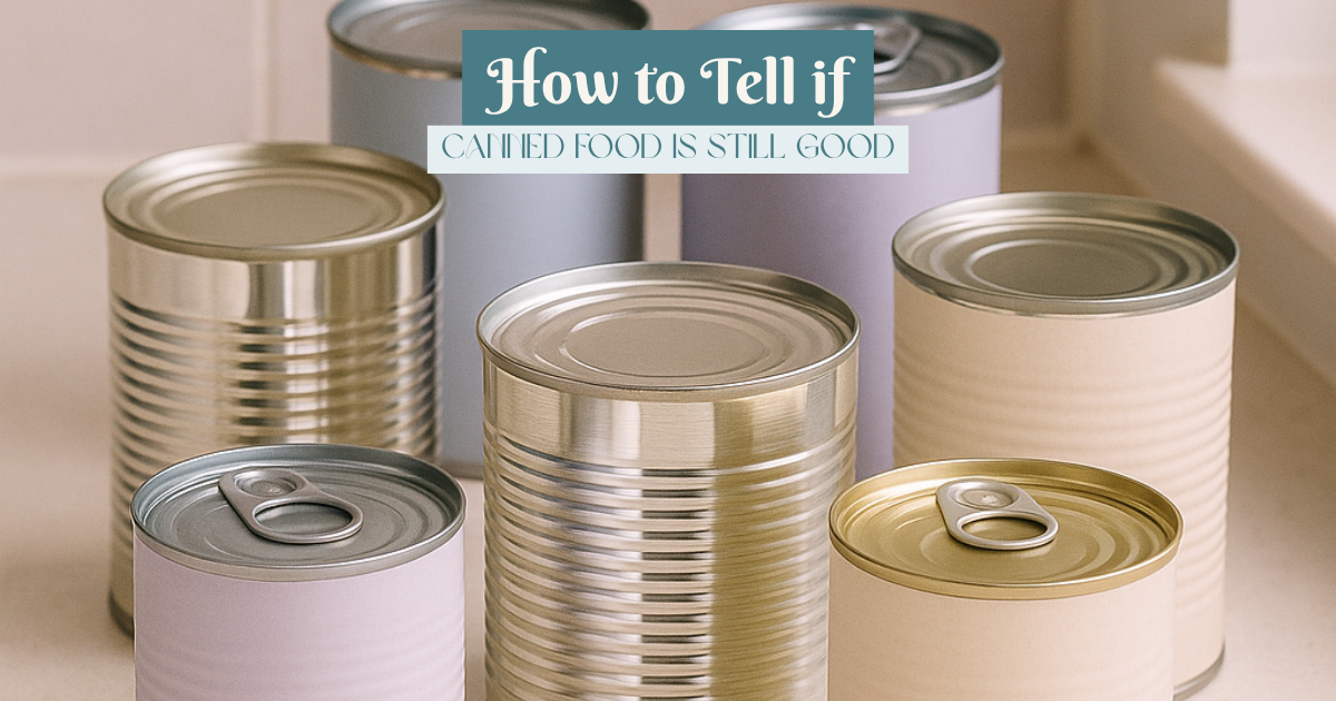 Group of assorted canned foods with pastel-colored labels on a kitchen counter, representing pantry storage and long-term food safety.