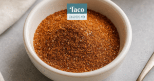 A small white bowl of homemade taco seasoning surrounded by warm spices like chili powder, paprika, and cumin on a wooden counter.