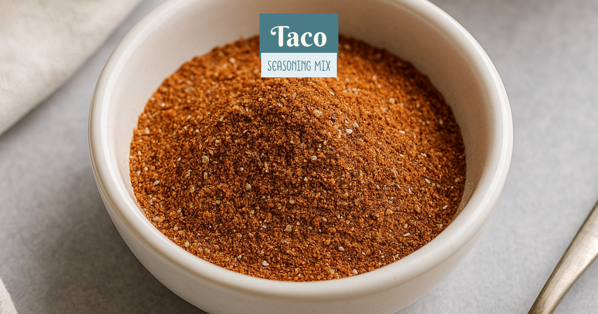 A small white bowl of homemade taco seasoning surrounded by warm spices like chili powder, paprika, and cumin on a wooden counter.